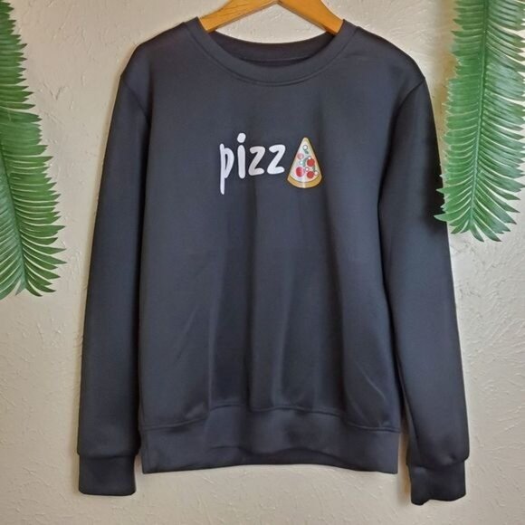 Pizza Pie Slice Lovers Black Crewneck Pullover Sweater Sweatshirt Long Sleeve Si - Picture 1 of 4